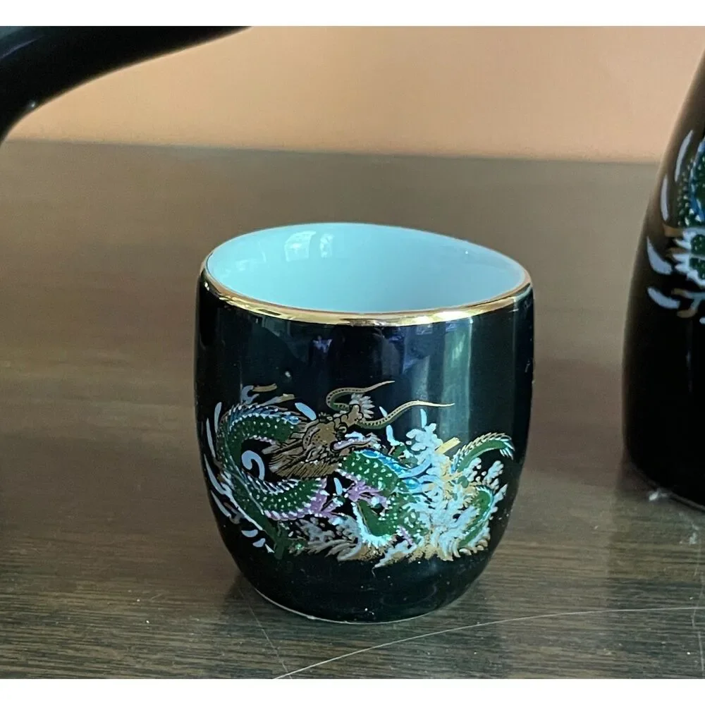 Vintage Japanese Dragon Tea Set Porcelain Teapot Sake Bottle Cup Moriage Style